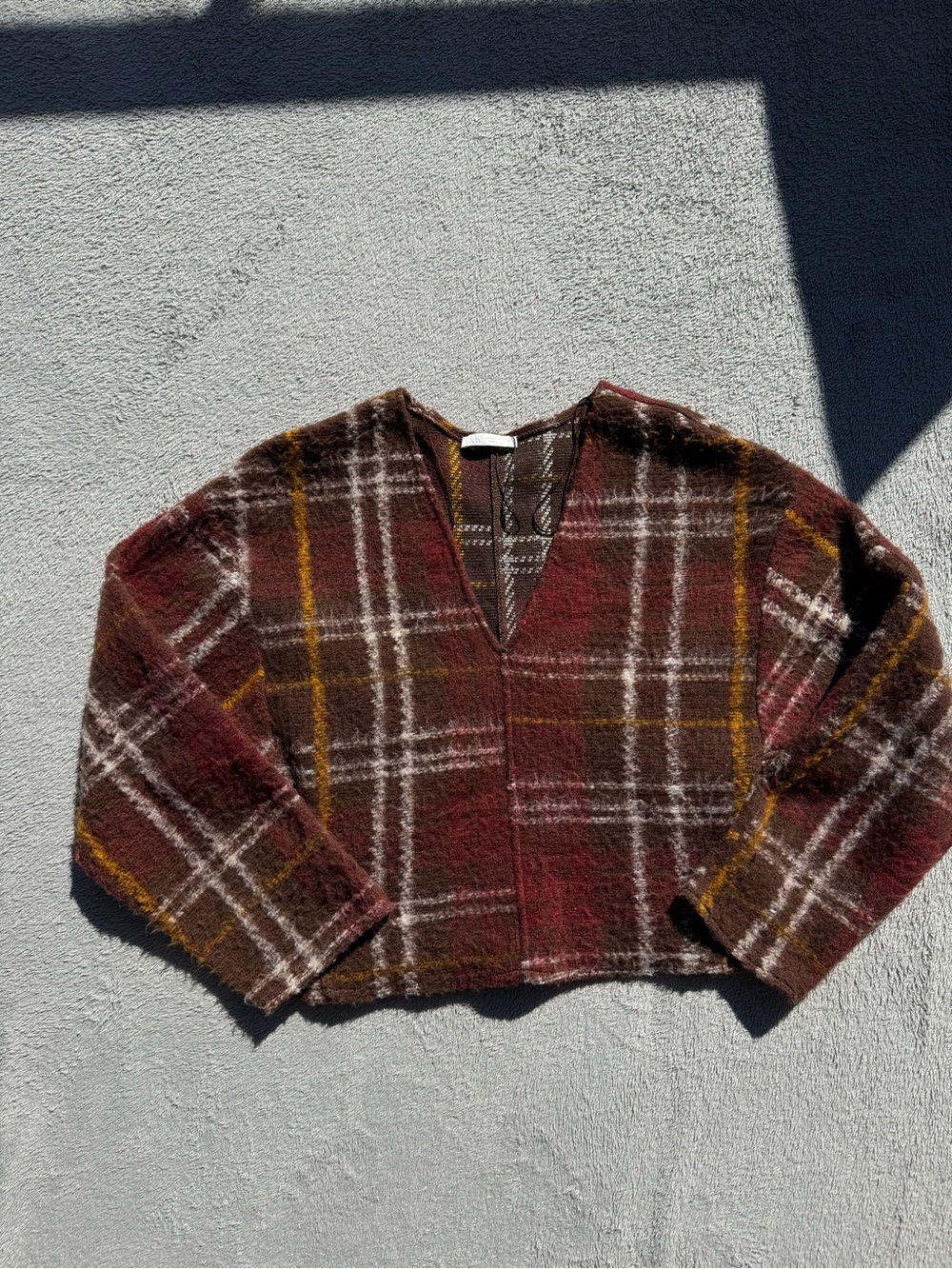 Zara Brown and Burgundy Plaid V-Neck Cropped Cardigan